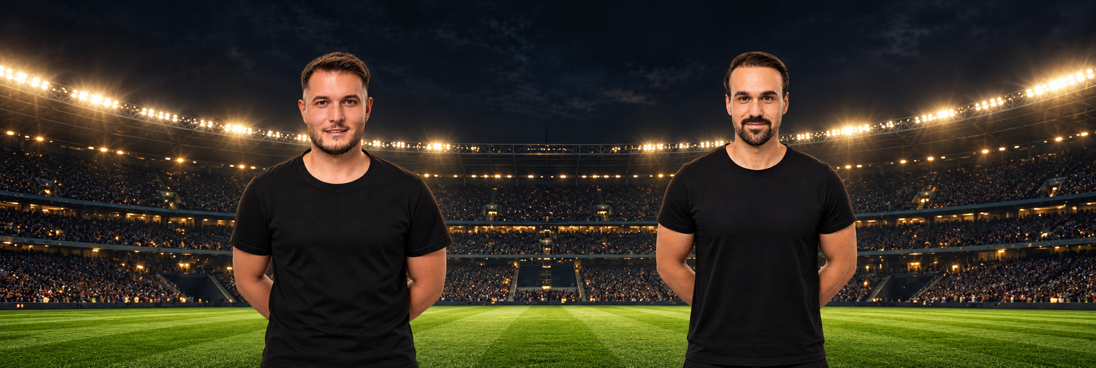 Senad on the left and Jasko Mesinovic on the right, on a floodlit football pitch.